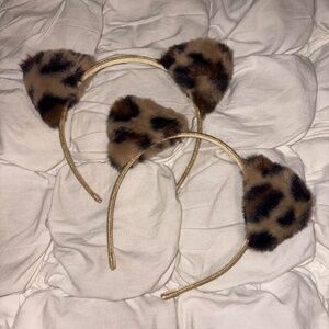 2PC Leopard Print Cat Ear Headband Set Faux Fur